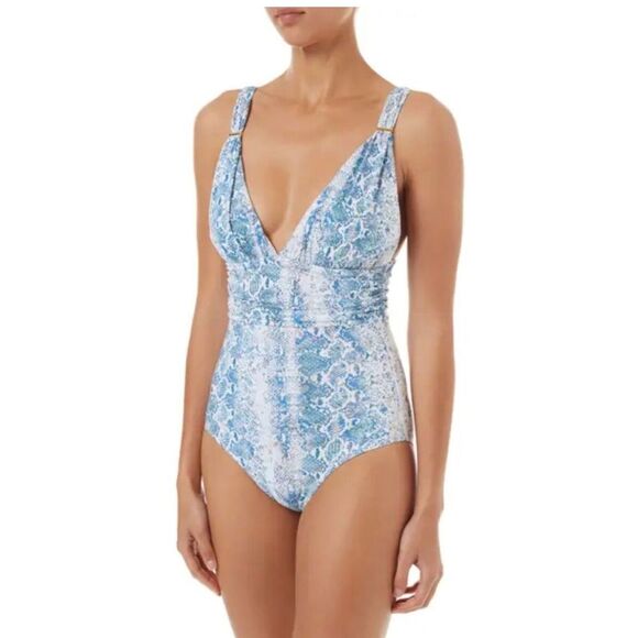 Melissa Odabash Panarea Blue Snake Print Shirred One Piece Swimsuit Sz 10 - Picture 1 of 12